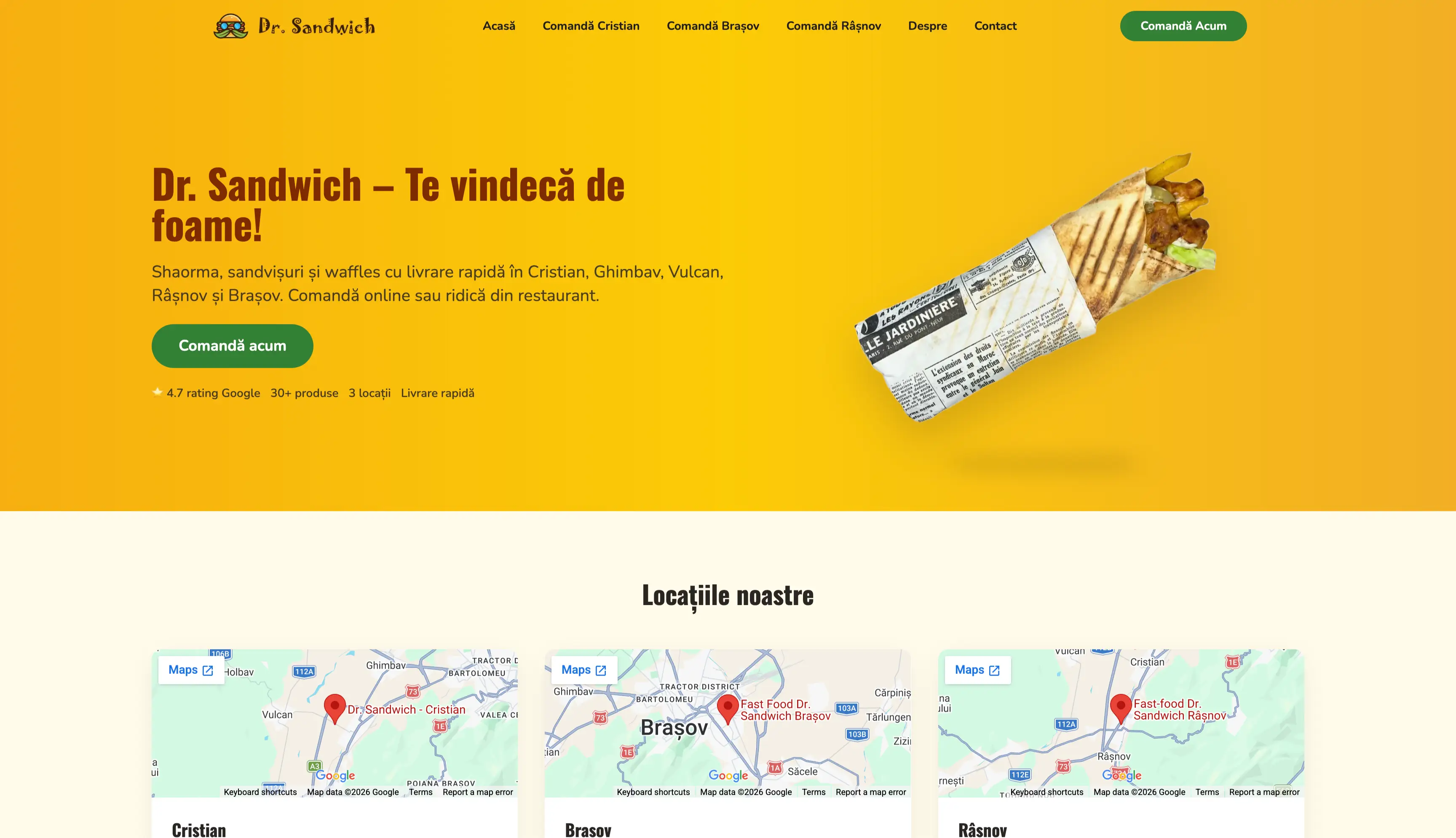 Home page of the Dr. Sandwich website, with its online order button